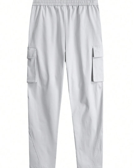Manfinity Hypemode Men'S Loose Fit Flap Pockets Drawstring Waist Cargo Pants, Going Out Plain Long Tapered Pants, for Husband, Boyfriend Gifts, Grey Cargo Pants, Manfinity Men Cargo Pants, Men'S Cargo Sweat Pants, Men Street Wear Pants, Cargo Joggers Men, Back to School