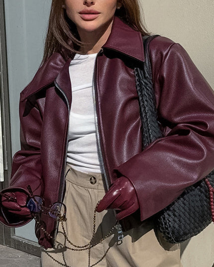 Solid Color Lapel Zipper Jacket Fashion Casual Long Sleeve Leather Coat Tops Women Clothing